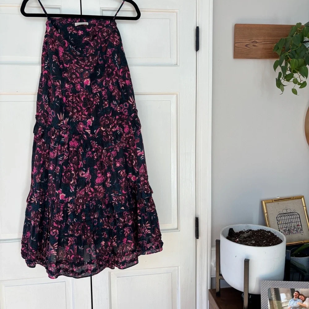ULLA JOHNSON Amalia Midnight Floral Midi Skirt Tiered Ruffle Pink Navy Size‎ 2